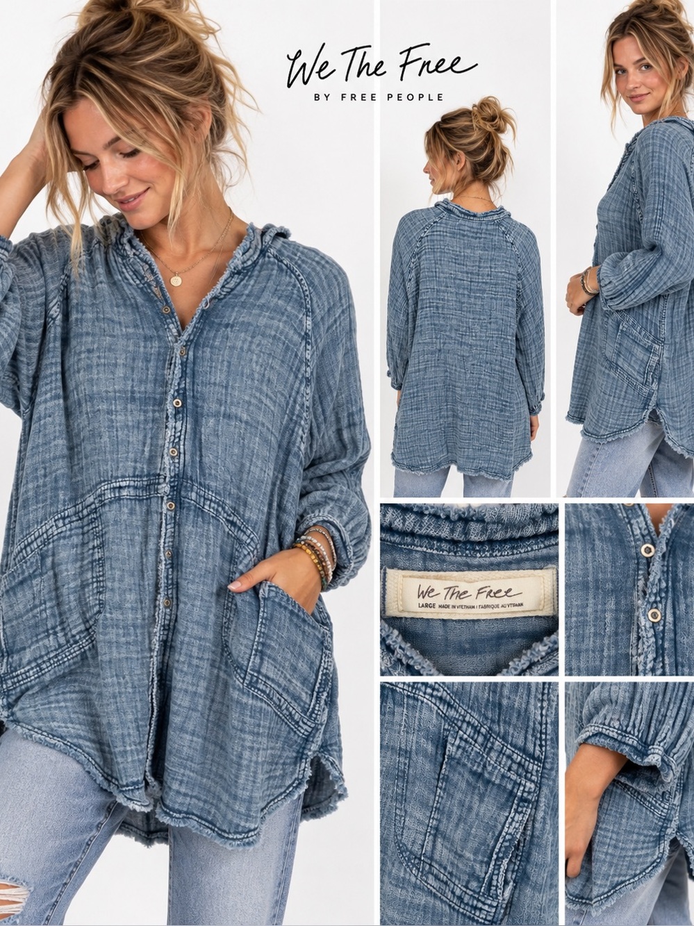 We The Free by Free People Blue Textured Gauze Tunic – Size Large